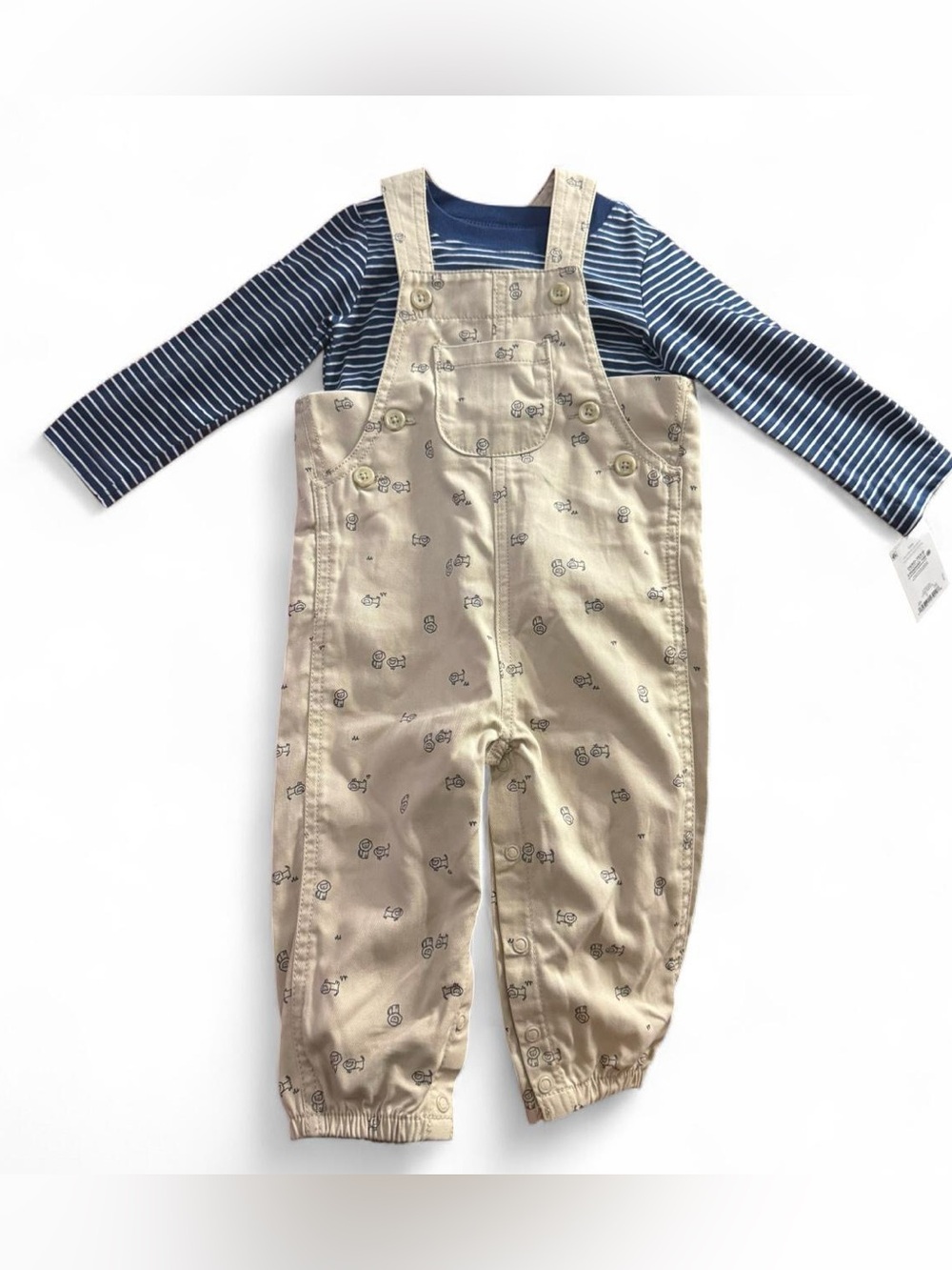 12 Months Beige Printed Cats Overalls W Striped Blue long sleeve